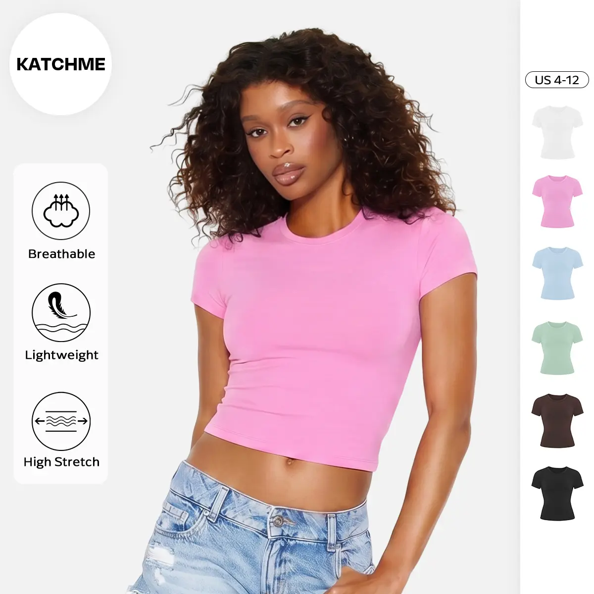 Katch Me Chic Women's Athletic Solid Color Round Neck Short Sleeve Yoga Top, Spring & Summer Stretchy Brushed Clothes, Lightweight Quick Drying Crop Top(2)