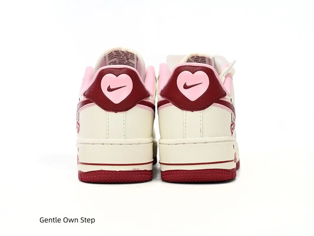 Sweet Cream White Low Top Leather Sneakers For Women, Wine Red Swoosh With Pink Outline, Cherry & Heart Embroidery Decor, Wine Red Rubber Outsole, Cushioned AIR Midsole, Cute Daily Skate Shoes
