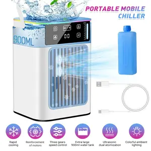 Desktop Tower Fan with Dual Mist Humidifier, Portable Mini Air Conditioner Fan, 3 Wind Speeds, USB Powered, 900ml Water Tank, Ice Box, for Office/Bedroom/Dorm