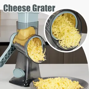 Rotary Cheese Grater with Handle 3-in-1 Ice Shaver & Vegetable Slicer 3 Interchangeable Blades Strong Suction Cup Base Multi-Functional Kitchen Gadget for Cheese Veggies Shaved Ice & More