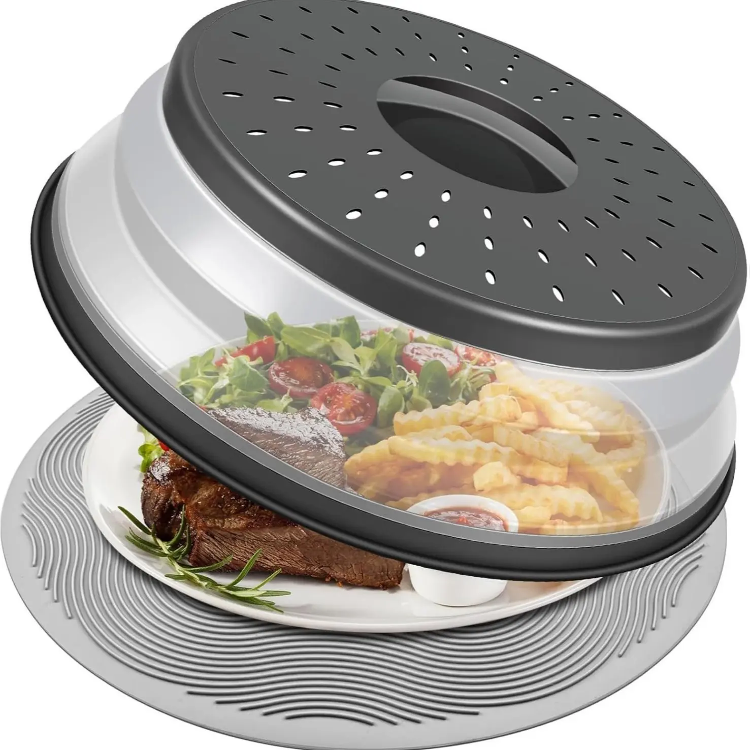 10 Inch Microwave Food Cover & Collapsible Silicone Mat - Splatter Guard, Plate Holder & Kitchen Colander for Meal Prep, Charcoal Glass Utensils Oven Plastic Pot