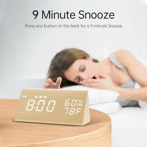 Wooden Digital Alarm Clock with LED Display, 3 Alarm Settings, Temperature & Humidity Monitor, Compact Wood Clock for Bedroom & Bedside, Digital Alarm Clocks for Bedrooms