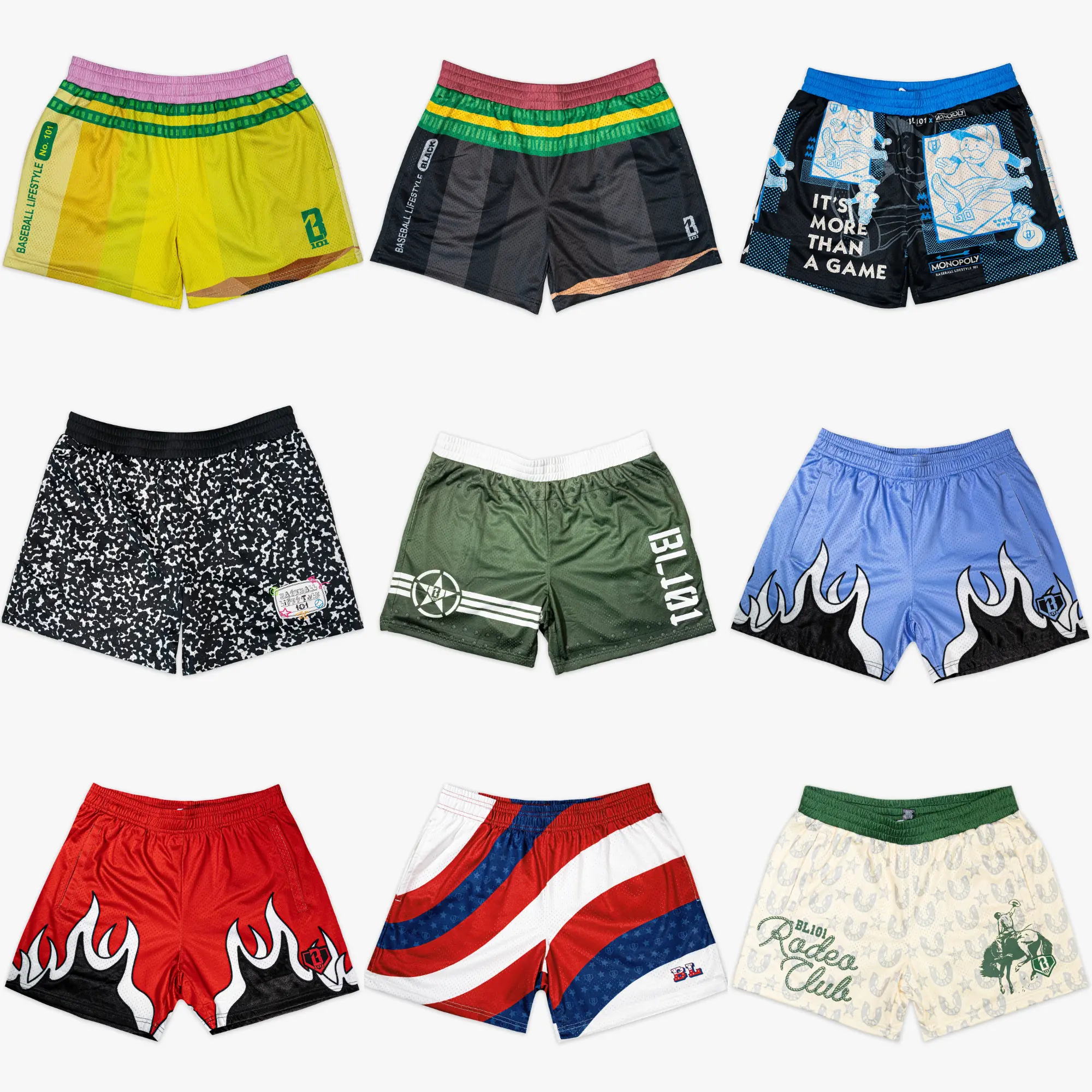 [ Baseball Lifestyle 101 - Back to School Sale ] Retro Novelty Graphic Mesh Sports Shorts - Breathable Yellow Pencil, Monopoly Game, Flame, Military & Rodeo Club Basketball Shorts with Pockets, Men's Activewear