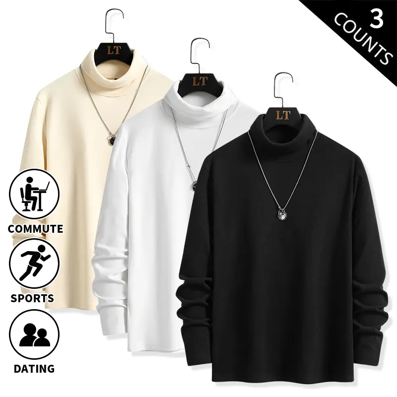 3-Pack Men’s Soft Thermal Turtleneck Shirts, Warm Fleece Base Layer Undershirts, Long Sleeve High Neck Casual Pullover Tops for Daily Commute
