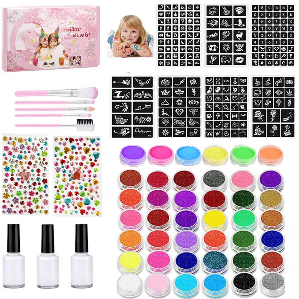 Glitter Temporary Tattoo Kit, 24 Color Glitter Tattoo Pigment with 2 Glue, 3 Template Paper & Brush, Body Art Makeup Kit for Stage Performance, Party, Cosmetic, Body Shimmer