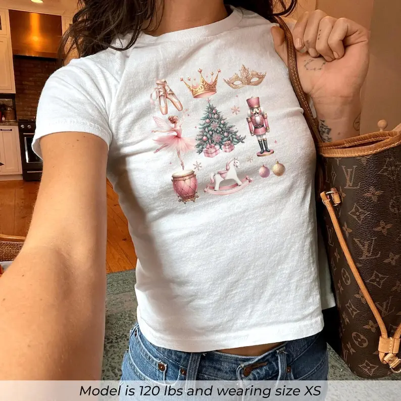 Nutcracker Ballet Baby Tee, Christmas Graphic Tee, Retro Coquette Womens Top, Y2K Aesthetic Holiday Shirt, Vintage Ballerina Baby Tee