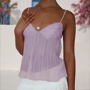 Women's Soft Pleated Camisole Mini Bowknot Front Spaghetti Strap V-Neck Lace Cropped Tops