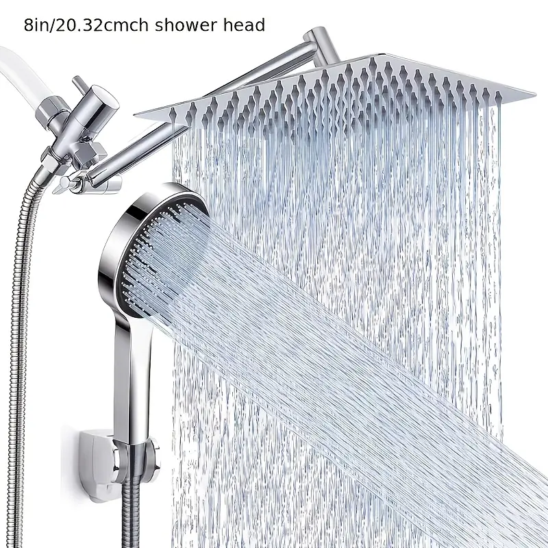 8in/20.32cm High Pressure Metal Bar Showerheads & Handheld Showers Combo Set, Anti-Leak Metal Finish with Holder, Adjustable Arms, Height/Angle Control, Chrome/Matte Black, Easy-Install for Indoor Bath Water Control Home Use