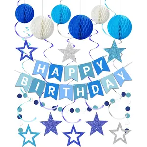 Blue Happy Birthday Decorations, Happy Birthday Banner with Honeycomb Balls, Stars Hanging Swirl Streamers, Dots Garland, Party Decorations for Men Boys Women Girls