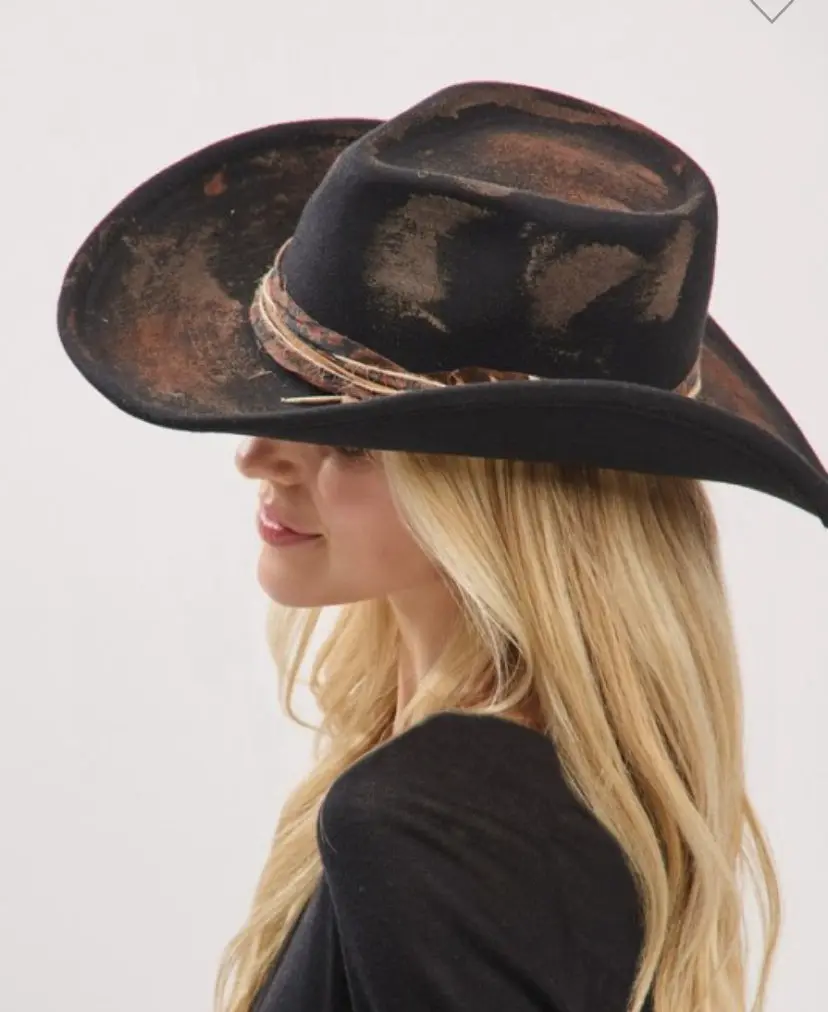 Vintage Versatile BLACK Shapeable Cowgirl & Fedora Hat Distressed Fabric Hat Feather Hat