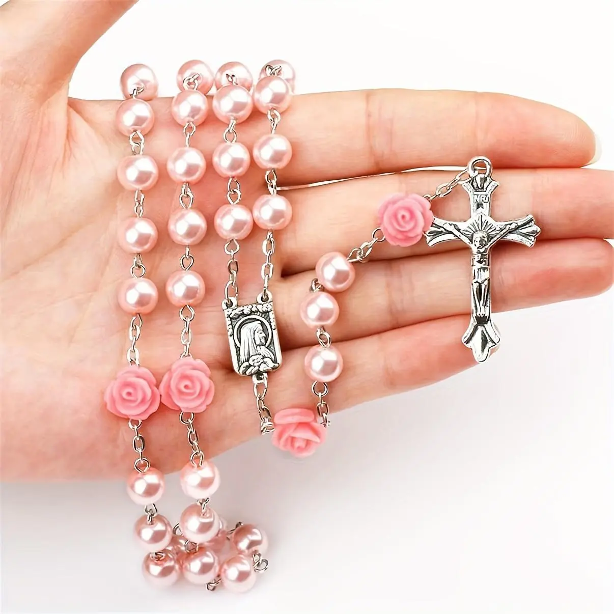 Vintage-Style Pink Resin Beaded Rosary Crucifix Necklace, Catholic Religious Accessory for Daily Prayer, Baptism Commemorative Gift