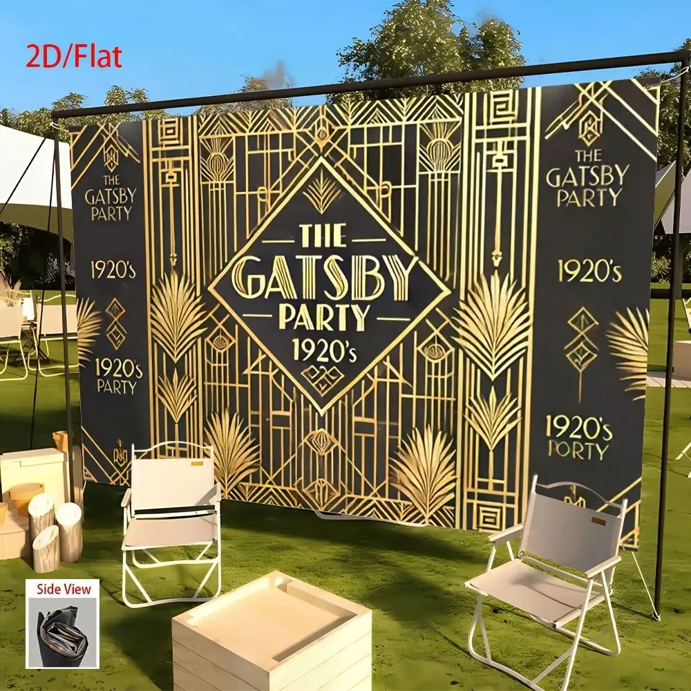 1pc 2D Flat Gatsby - Style 1920s pty Banner - Art Deco Geometric Patterns Golden Accents Black Durable Polyester Fabric Backdrop Weddings Birthdays Bars Home Decor Electricity Needed Retro pty decor