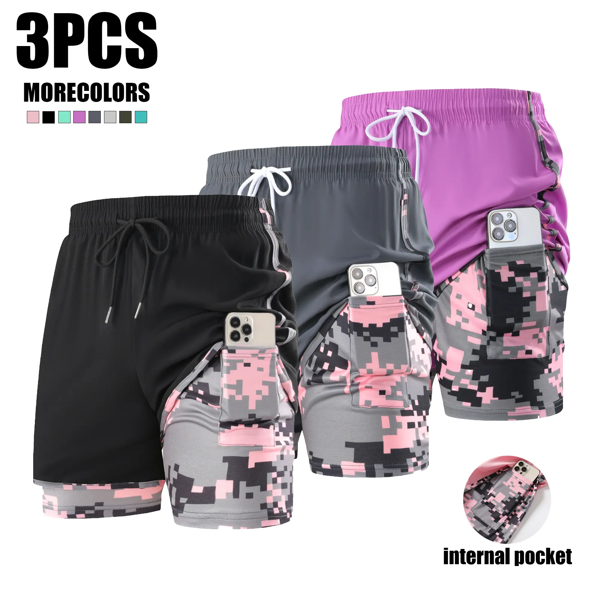 Women’s summer quick-dry sports shorts with double inner lining to prevent exposure, suitable for running, fitness training, and workouts, featuring a built-in phone pocket., Athletic Shorts Women, Women's Athletic Shorts
