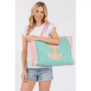 Embroidered Anchor Patch Fringe Tote Bag - Y2K Style 100% Polyester 17.5"X14"X5" Perfect for Beach Trips & Casual Outings Nautical Vibes Lightweight Comfortable