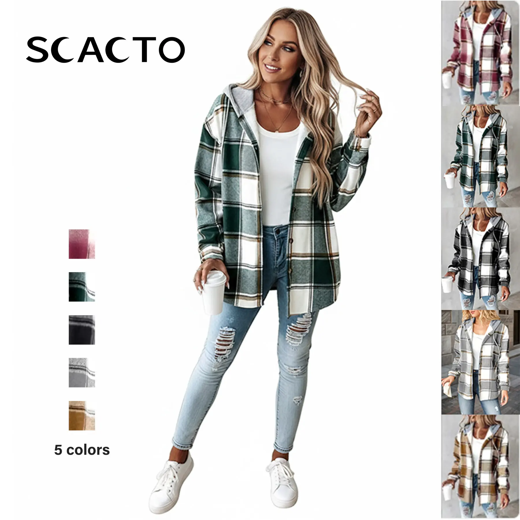 SCACTO Women's Plaid Hooded Collared Shacket-Coat-Jacket, Long Sleeve Button Down Women's Clothes with Fleece Lined Fabric, Warm, Lightweight, Soft, Chic, Casual Tops in Grey & Brown Grid with Metallic Accents