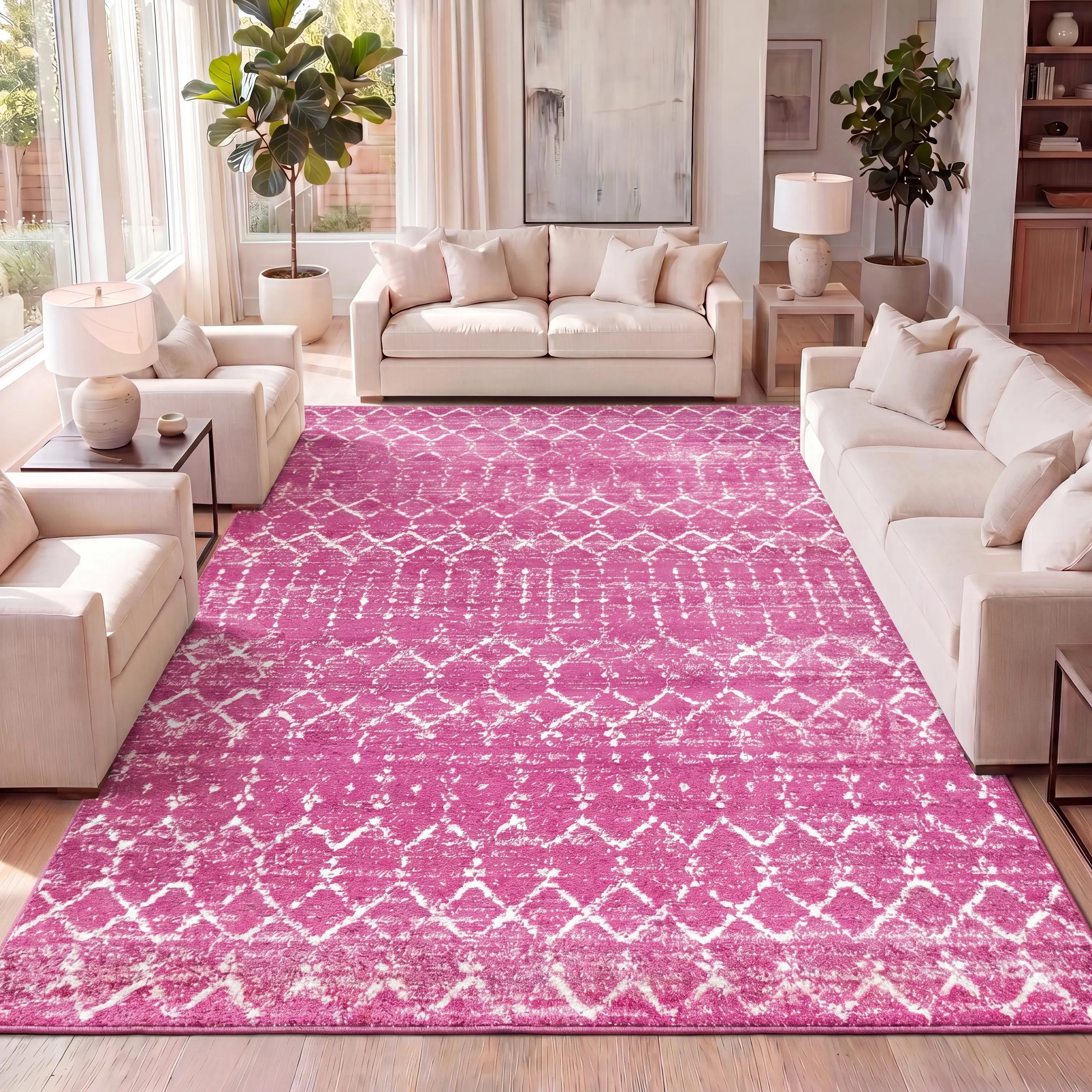 JONATHAN Y Moroccan HYPE Boho Vintage Diamond Indoor Fuchsia-Ivory Area Rug, Boho Graphic Modern Bohemian Living Room Rug, Vintage Unique Home Decor for Bedroom, Office, Boho Graphic Rug, Modern Bohemian Rug
