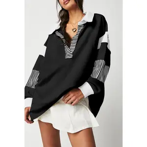 Black Striped Colorblock Patchwork Collar Sweatshirt
