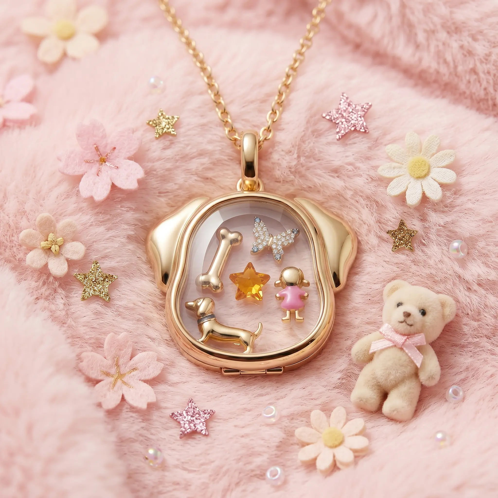 Gold Puppy Floating Charm Necklace Set, Meaningful Gift for Daughter