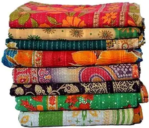 2 Piece Handmade Indian Vintage Kantha Quilts Reversible Bohemian Home Decor Blanket – Quilt for Sale Bed Sheet Bedspread -Assorted Color Twin Size 85X55 Inches Multi
