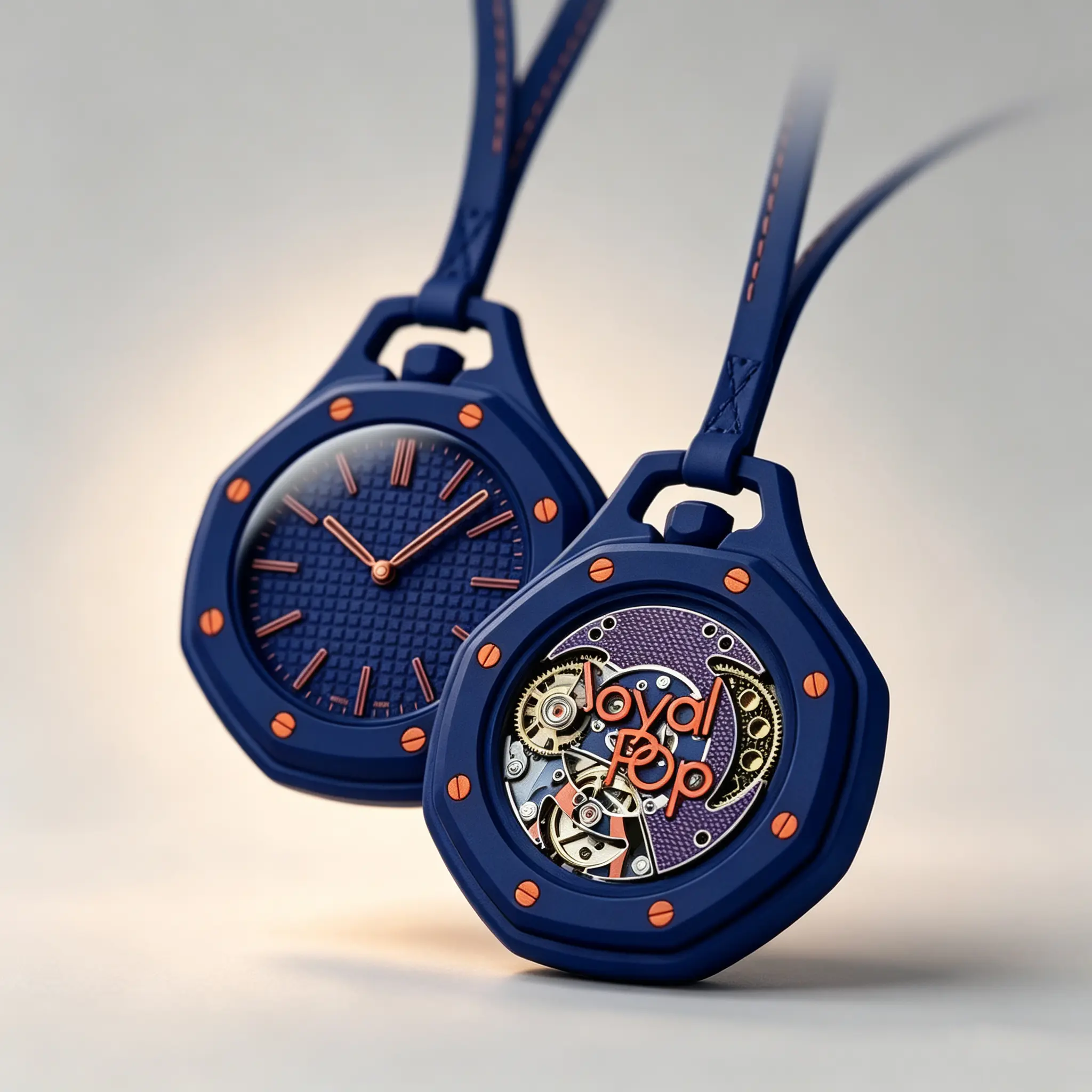Unisex Matte Navy-Blue Octagon Pendant Watch, Rust-Orange Screw Open-Back Design, Leather Lanyard Necklace for Sports & Outdoor Activities