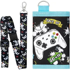 P-KWL02    Kids Wallet Boys Video Game Wallet with Lanyard Teens Gaming Purse Neck Stash Wallet Zippered Compact Tri-fold Coin Pocket Card Holders Kids Purse Boys Wallet Game Boy Birthday Gift