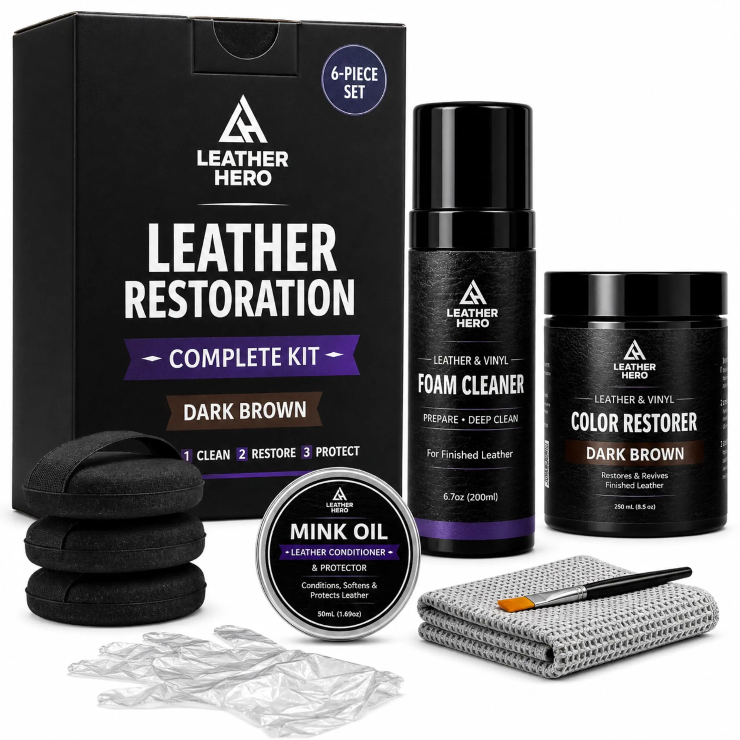 Leather Hero Dark Brown Color Restorer 9-Piece Household Cleaning Kit - Vinyl-Compatible Recoloring Balm with Smooth Applicator Bottles, Cloth & Wipes for Furniture, Couches