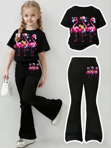Girls' T-shirt & Flared Pants Set - Flamingo Print, Multi-color, Trendy Summer Set
