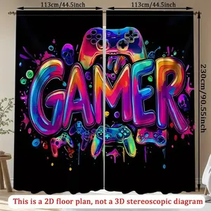 Game Theme Home Decoration Curtain Set, Vibrant Headphone Controller Design, Perfect for Game Room Decor, Enhance Your Gaming Experience