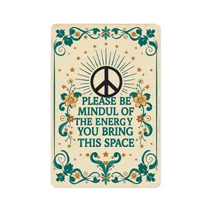 Peace Sign "Please Be Mindful Of The Energy You Bring This Space" Metal Tin Sign, Boho Hippie Wall Art Decor