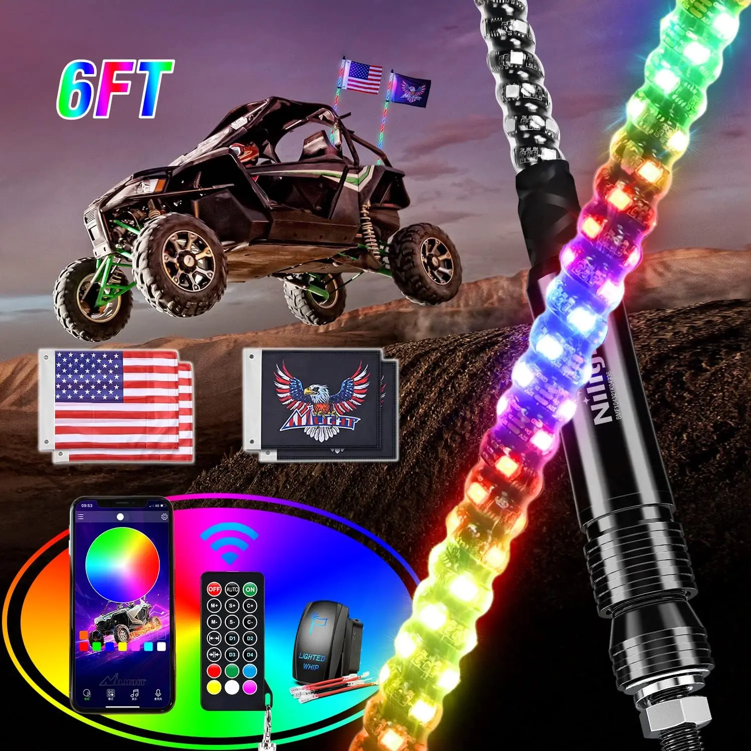 Nilight 2PCS 6FT RGB Flexible LED Whip Lights, Waterproof, Programmable, Remote & App Control, DIY Chasing Patterns, Stop/Turn/Reverse Safety Antenna Lights, ATV Compatible for UTV Polaris RZR, Waterproof Led Lights