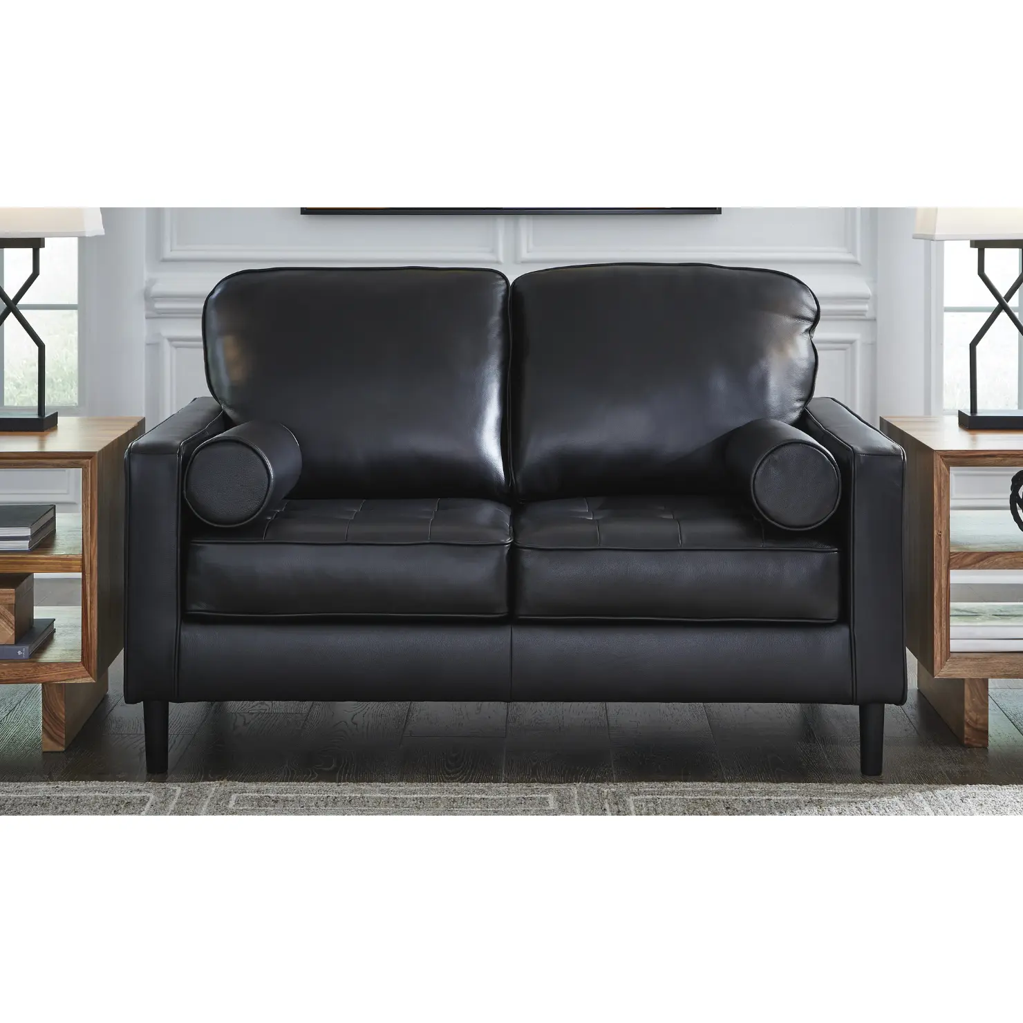 Modern Heritage Bryceview Onyx Black Top Grain Leather Loveseat, Premium Materials Faux Leather Sofa with Poly Fiber Cushions