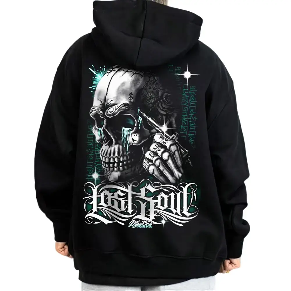Men's LS Skull Art Chicano Oversized Loose Hoodie - Gangster Skull Graphic Streetwear, Mexican Cholo Urban Fashion Menswear Top with Comfortable Fabric Sweatshirts Cotton