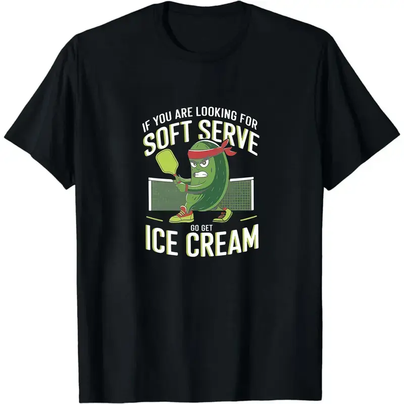 Women's Pickle Pickleball Soft Serve Ice Cream Funny Letter Print Graphic T-Shirt, Short Sleeve Round Neck Tops, Casual Machine Washable Tee for Spring Summer, Shortsleeve