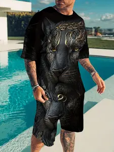 Men's Novel Lion Pattern Breathable Casual Tracksuit - Polyester T-shirt and Shorts Black Print Tropical Crewneck Shortsleeve Menswear Streetwear Clothes