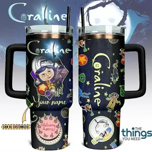 Coraline 20oz - 40oz Tumbler Stainless Steel with Straw, Double Wall Insulated, With Handle – Epic Cartoon Movies Series Design, Perfect Gift for Fans