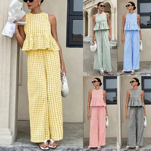 Women's Plus Size 2-Piece Color-Matched Clothing Set - Fashionable Casual Round-Neck Sleeveless Top with Ruffled Hem, High-Waisted Straight-Leg Pants