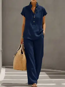 Women's Stand Collar Short Sleeve Shirt + Wide Leg Pants Set Outfit, Casual Summer, Breathable, Lightweight and Comfortable, Perfect for Relaxing Days