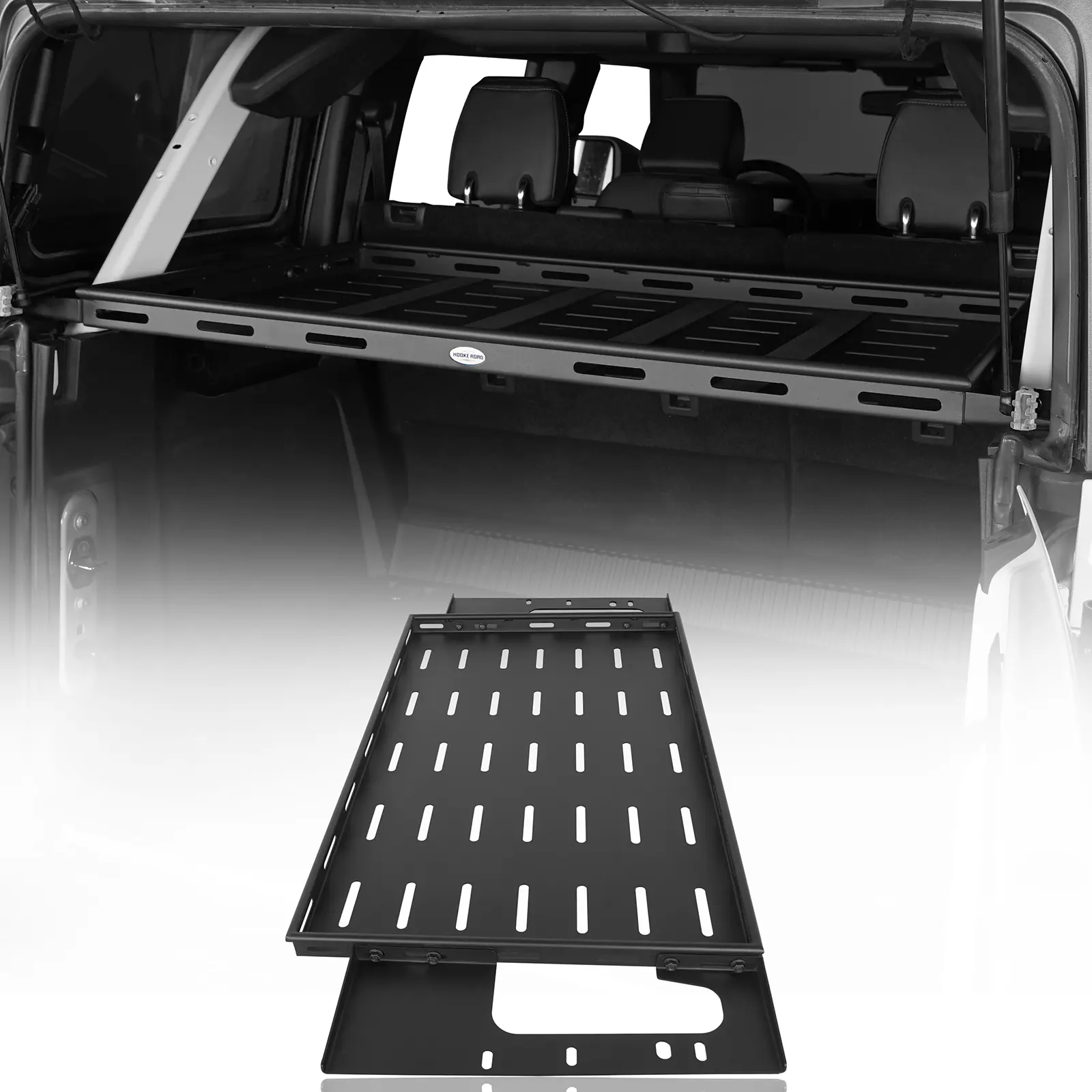 Hooke Road Metal Interior Cargo Rack Shelf - Car Organizer for 2021-2026 Ford Bronco 4-Door Hardtop Rear, 14-Gauge & 11-Gauge Sheet Steel, 4×EVA Foam Strips, Cargo Rack Assembly, ~36 lbs, 300lb Load Rating, Bolt-On Trunk Storage Accessory, Tailgate Lock