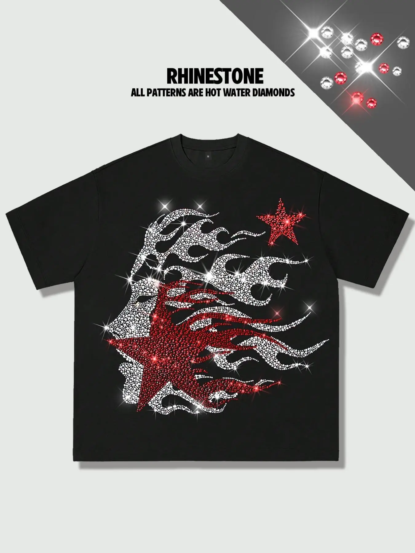 All rhinestone men's cotton T-shirts, flame women like rhinestone hot stamping Graphic Shiny Long short sleeved unisex American streetwear style fashion brand cotton short sleeved heavy craft oversized loose Baggy short sleeved shirt Tops 2026Y2K Menswear