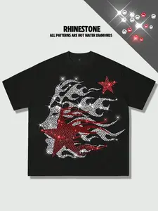 All rhinestone men's cotton T-shirts, flame women like rhinestone hot stamping Graphic Shiny Long short sleeved unisex American street style fashion brand cotton short sleeved heavy craft loose short sleeved shirt 2026Y2K