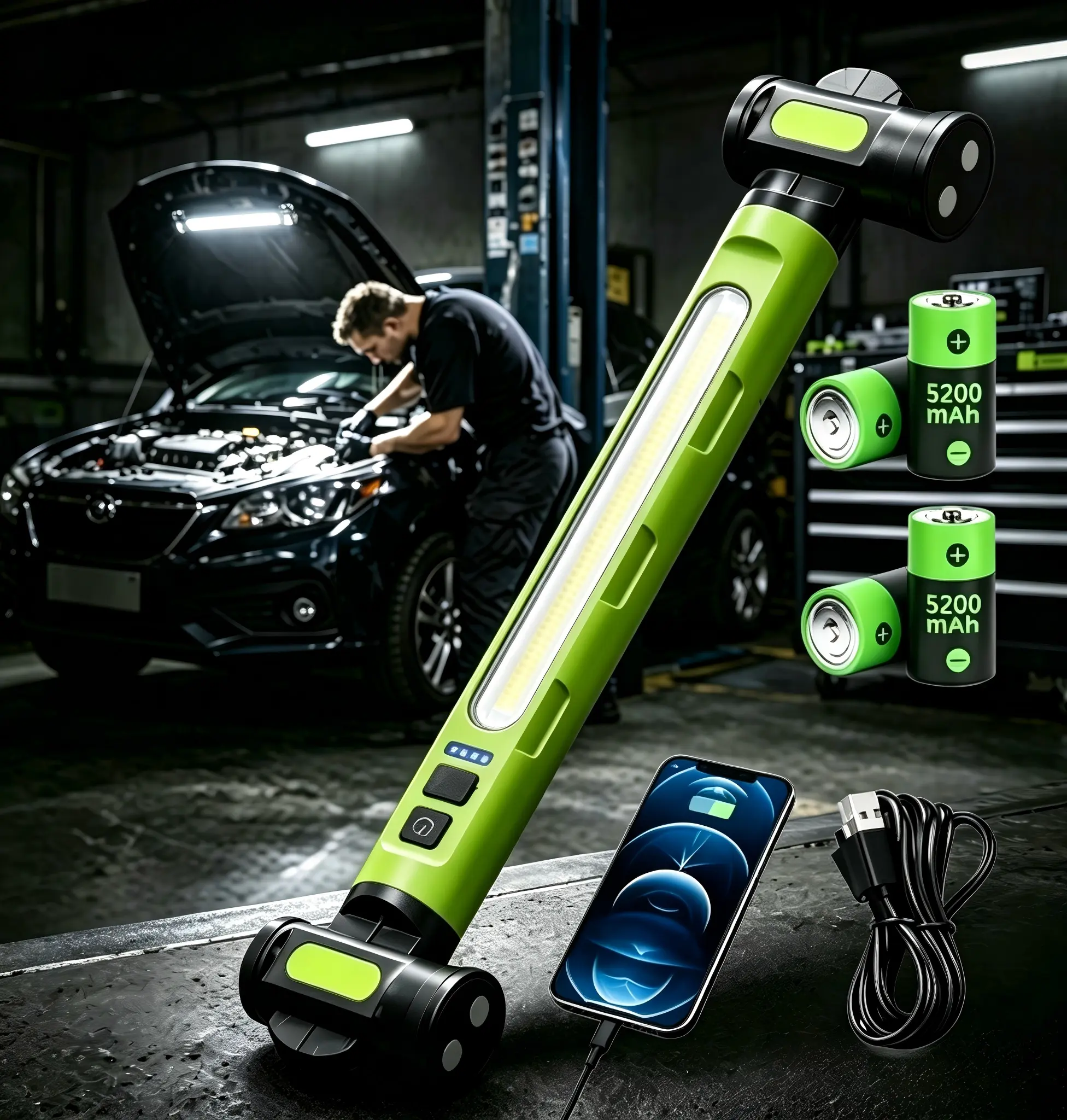 Rechargeable LED Work Light - 3000 lm COB Magnetic Strip with 5200 mAh Built-in Battery, USB-C Charging, 360° Rotating Hook Design, Waterproof, Portable Garage Inspection Light for Car Repairs, Camping, Emergency