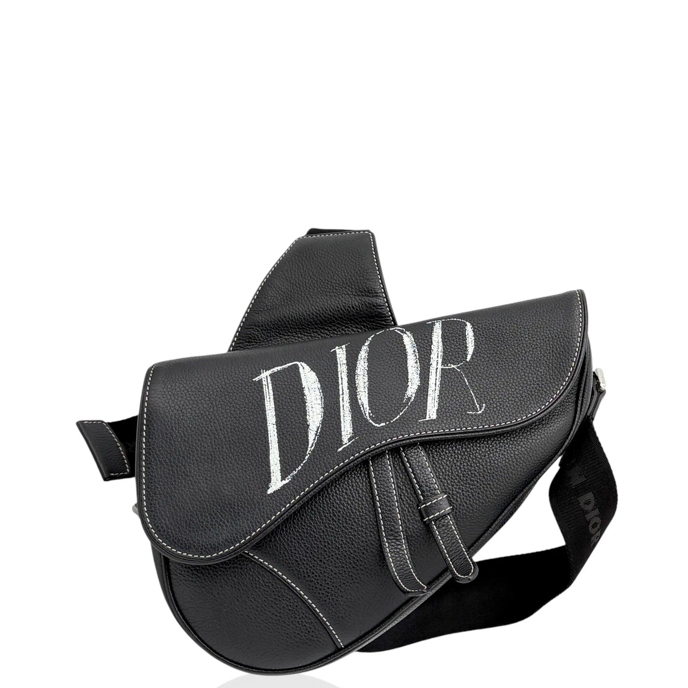 Pre-owned Dior Leather Shoulder Bags Saddle Bag Grained Calfskin Black (ym040126b6)