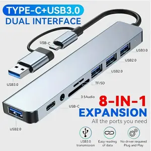 3.0 High-Speed USB C HUB, Type C Ports, 8-In-1 USB Splitter with 4 USB Ports, SD/TF Card Reader & 3.5mm Audio Jack, Compatible with Macbook/iPad/laptop