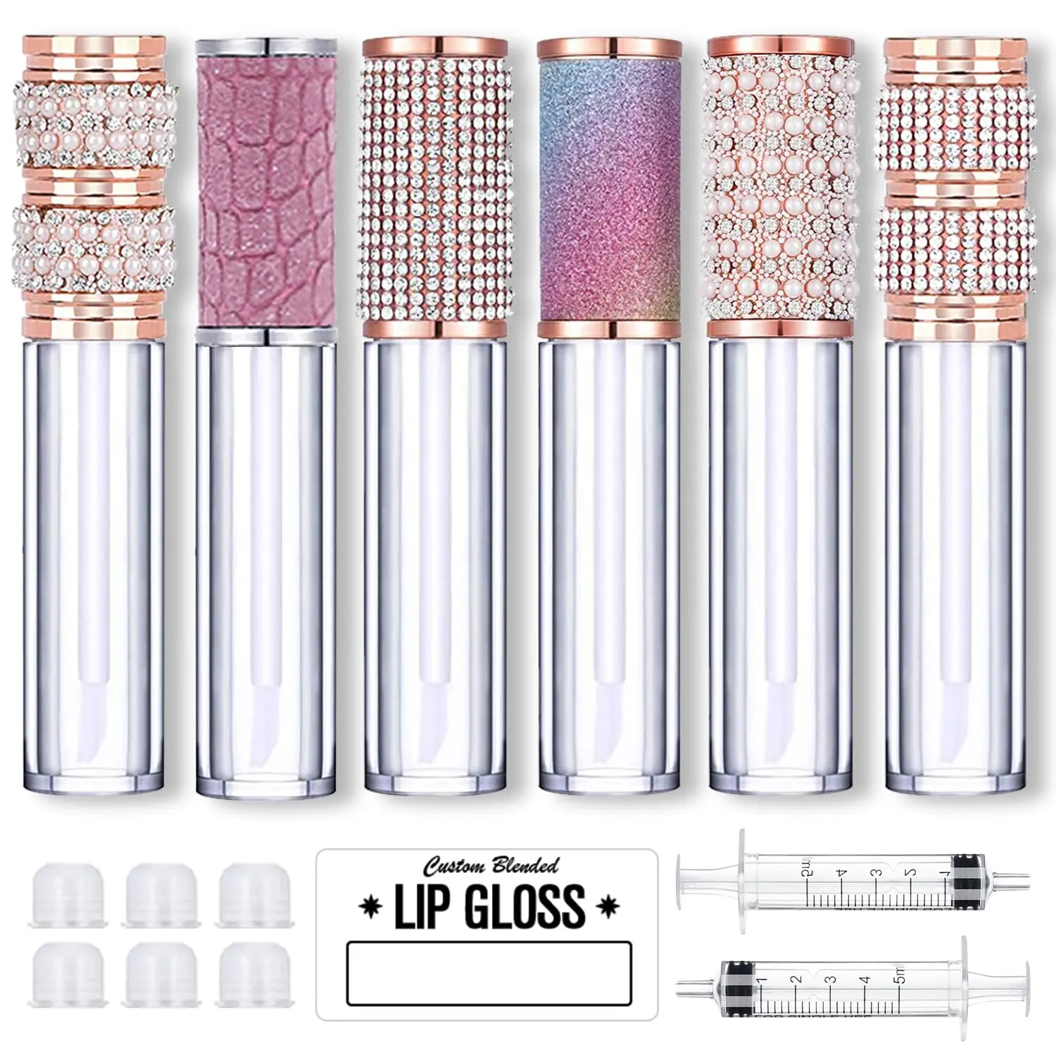6 count Lip Gloss Tubes with Wand 5ml Empty Rhinestone Lip Gloss Containers Cute Lipgloss Bottles  Lip Gloss Supplies Kit with  for DIY Lip Gloss Base