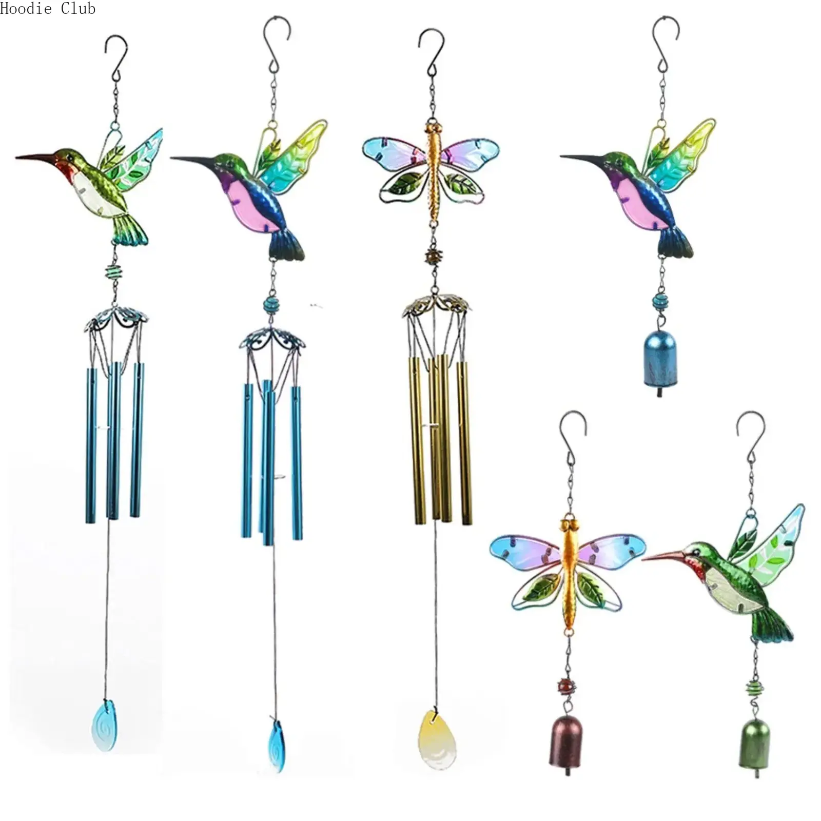 Hummingbird Wind Chimes and Bag Charm, Decorative Painted Metal Hanging Kinetic Sculpture for Outdoor Patio Decor, Aluminum, Bird Shape, Kinetic Arm