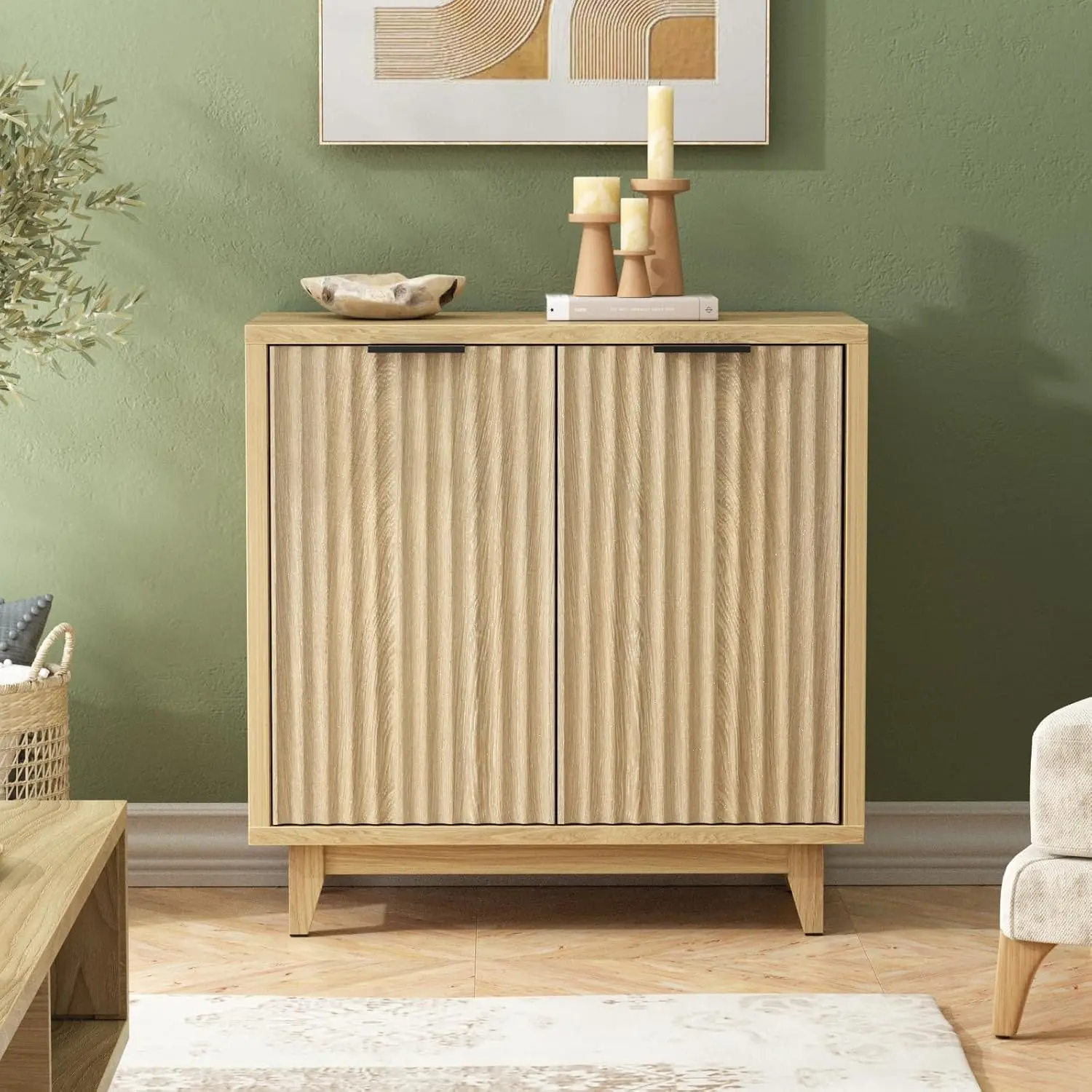 [Summergarden] Vabches Fluted Cabinet with Storage, 2 Doors Sideboard Buffet Cabinet, Mid Century Modern Accent Cabinet with Adjustable Shelves, Multifunctional Console Table with Storage for Living Room, Kitchen, Entryway