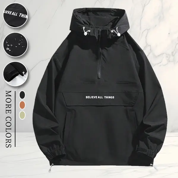 Trendy half-zip hoodie with streetwear style, large pocket drawstring details, letter print design suitable for young men and women, ideal for daily outings, commuting, shopping, and expressing personal fashion.
