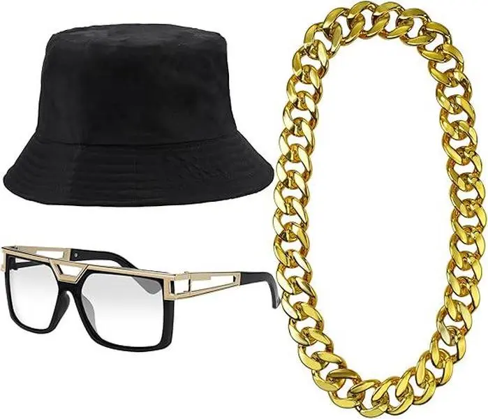 3 PCS Hip Hop Costume Kit 80s/90s Rapper Accessories Bucket Hat Sunglasses Gold Chain Necklace Outfit for Men Women