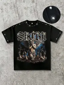 Angel Men's Cotton T-Shirt, Rhinestone Collar, Saint Blessed Slogan Print, Summer Short Sleeve, Vintage Street Fashion, Unisex Loose Fit, Streetwear