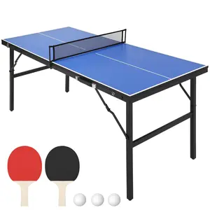 GARVEE Portable Foldable Table Tennis Table for Indoor and Outdoor Use with 2 Paddles and 3 Balls, Blue - Compact and Easy to Store Ping Pong Set